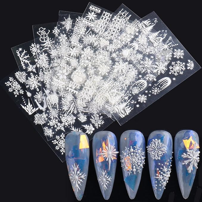Snowflake Nail Art Sticker Decals Christmas 5D Embossed French White Snowflake Nail Art Accessories Self-adhesive Nail Art Supplies Decoration Snowflakes Lattice Elk Classic Autumn Winter Acrylic Nails Design, 8 Sheets (Snowflakes)