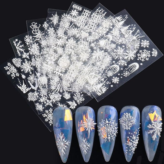 Snowflake Nail Art Sticker Decals Christmas 5D Embossed French White Snowflake Nail Art Accessories Self-adhesive Nail Art Supplies Decoration Snowflakes Lattice Elk Classic Autumn Winter Acrylic Nails Design, 8 Sheets (Snowflakes)