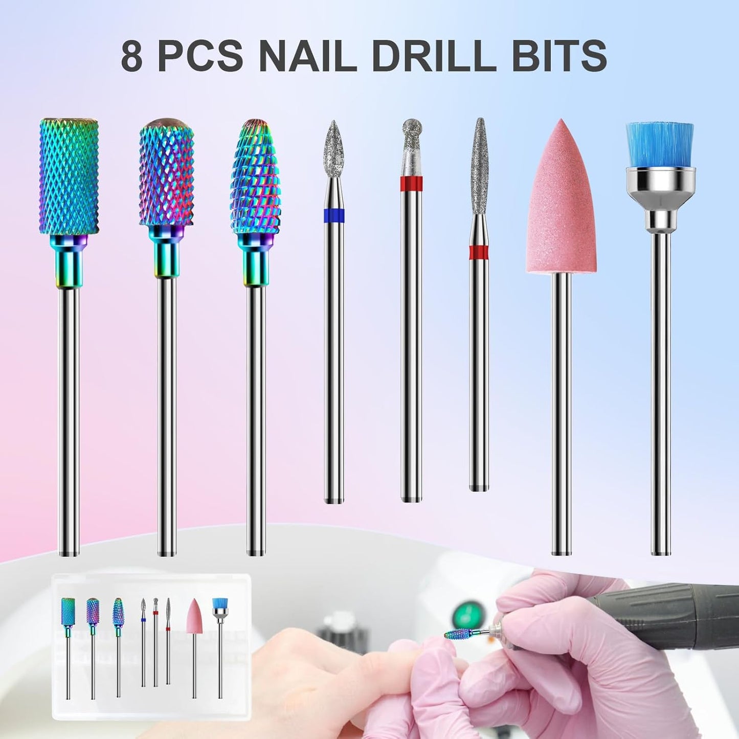 3/32'' Nail Drill Bits Set – 8pcs Tungsten Carbide & Diamond Bits for Acrylic, Gel & Cuticle Removal – Professional Electric Nail File Kit for Manicure, Pedicure – Home & Salon Use
