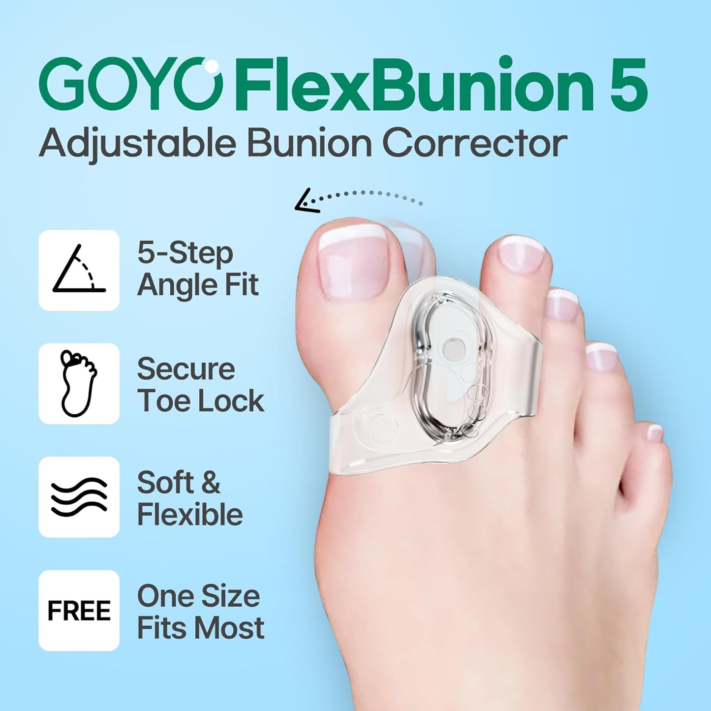 GOYO FlexBunion 5 – Bunion Corrector & Toe Separators for Women Big Toe | Foot Pain Relief | Adjustable Toe Alignment for Hallux Valgus | Soft, Flexible & Comfortable Fit | Left & Right Set