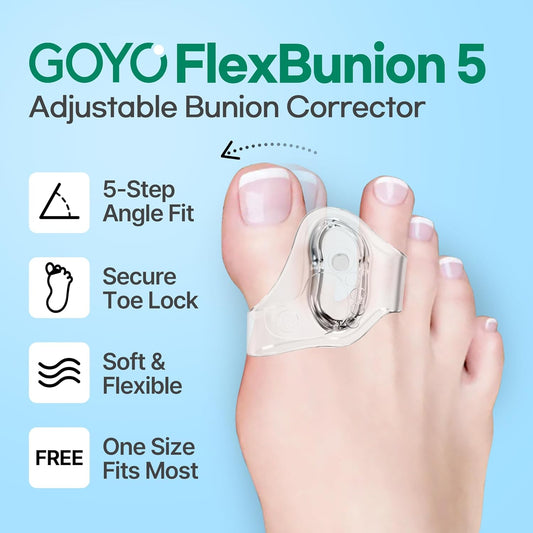 GOYO FlexBunion 5 – Bunion Corrector & Toe Separators for Women Big Toe | Foot Pain Relief | Adjustable Toe Alignment for Hallux Valgus | Soft, Flexible & Comfortable Fit | Left & Right Set