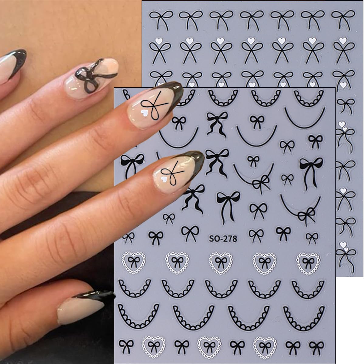 6Sheets Star Bow Nail Stickers 3D Self Adhesive Black White Pink Bows Heart Nail Decals Lace French Tip Nails Art Stickers Cute Bow Charms Sticker Star Nails Design Supplies for Women Girls Manicure