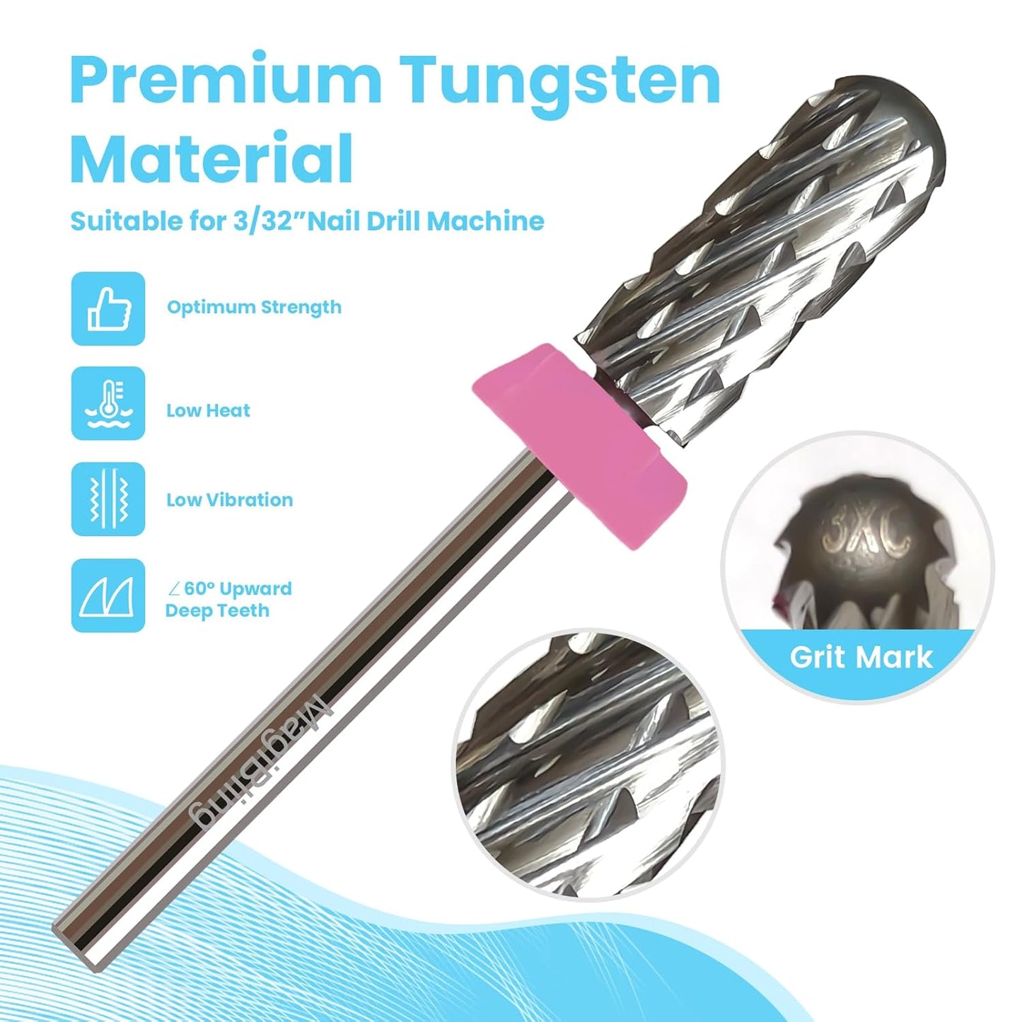 Super Cut Small Barrel 3/32'' Safety Tungsten Nail Drill Bits, Remove Gel Fast, Right handed, Manicure Cuticle Gel Polishing, Aggressive Bits for Professional Technician, Triple Coarse.