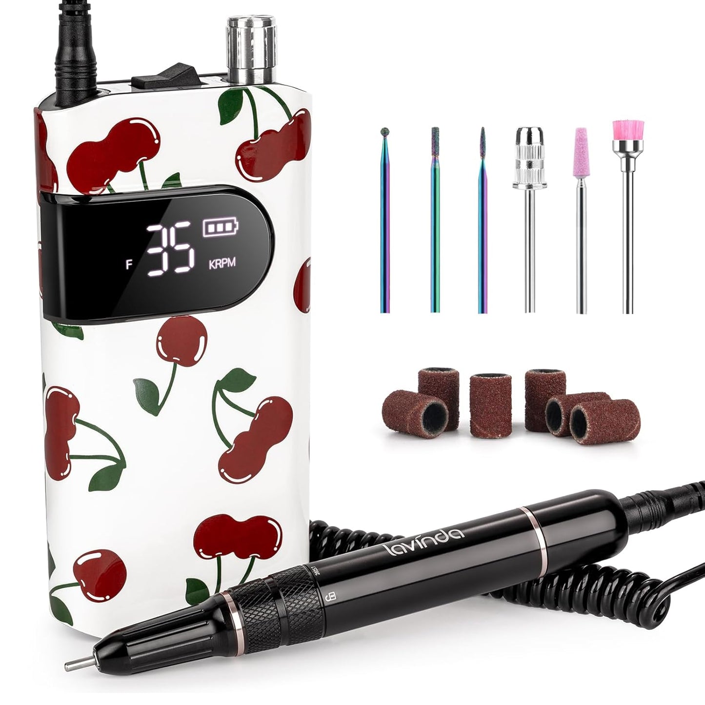 Lavinda 35000RPM Electric Nail Drill, Cordless Nail Drill Machine Portable Rechargeable Nail Efile for Acrylic Gel Nails, Manicure Pedicure Polishing Shaping Tool for Salon Home Use-Cherry Print
