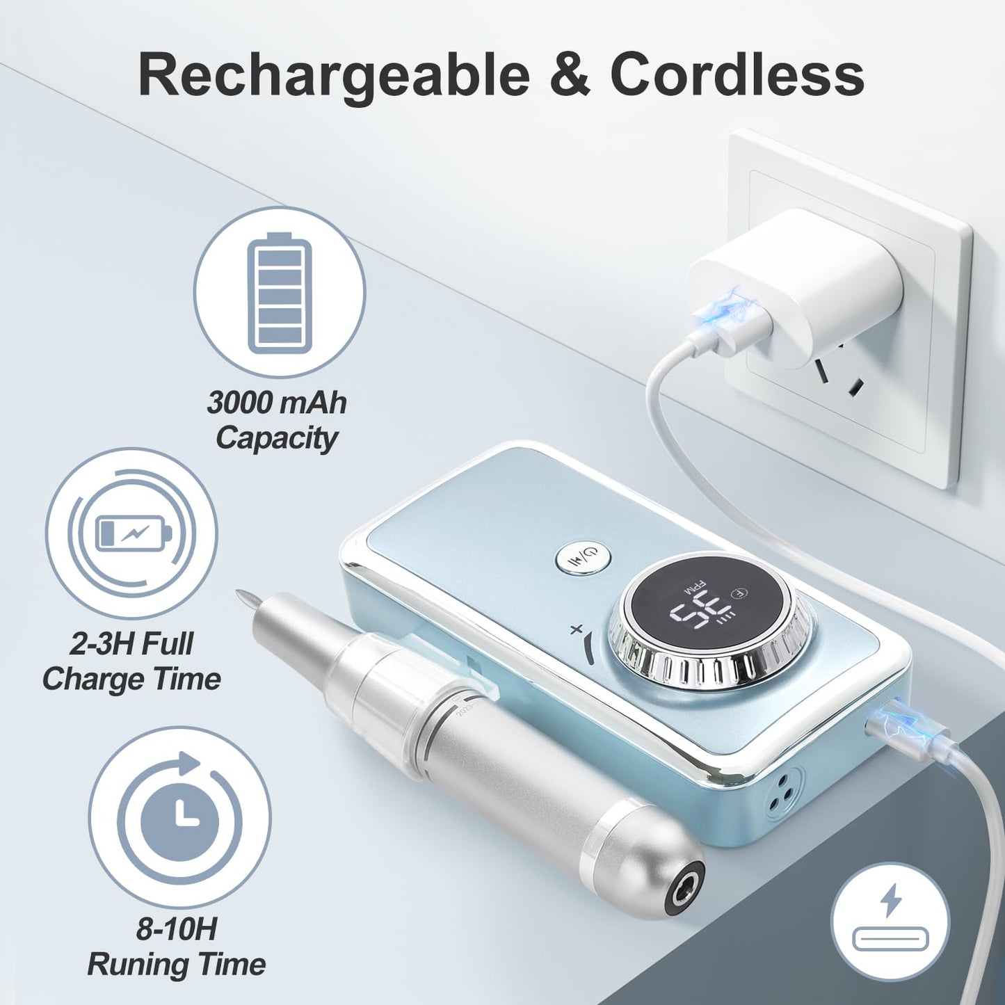 Rechargeable Nail Drill Macine, 35000RPM Professional Electric Efile Nail Drill with LCD Display for Acrylic Nails Remove, Portable Manicure Pedicure Polishing Tools with everything for Salon Home Use