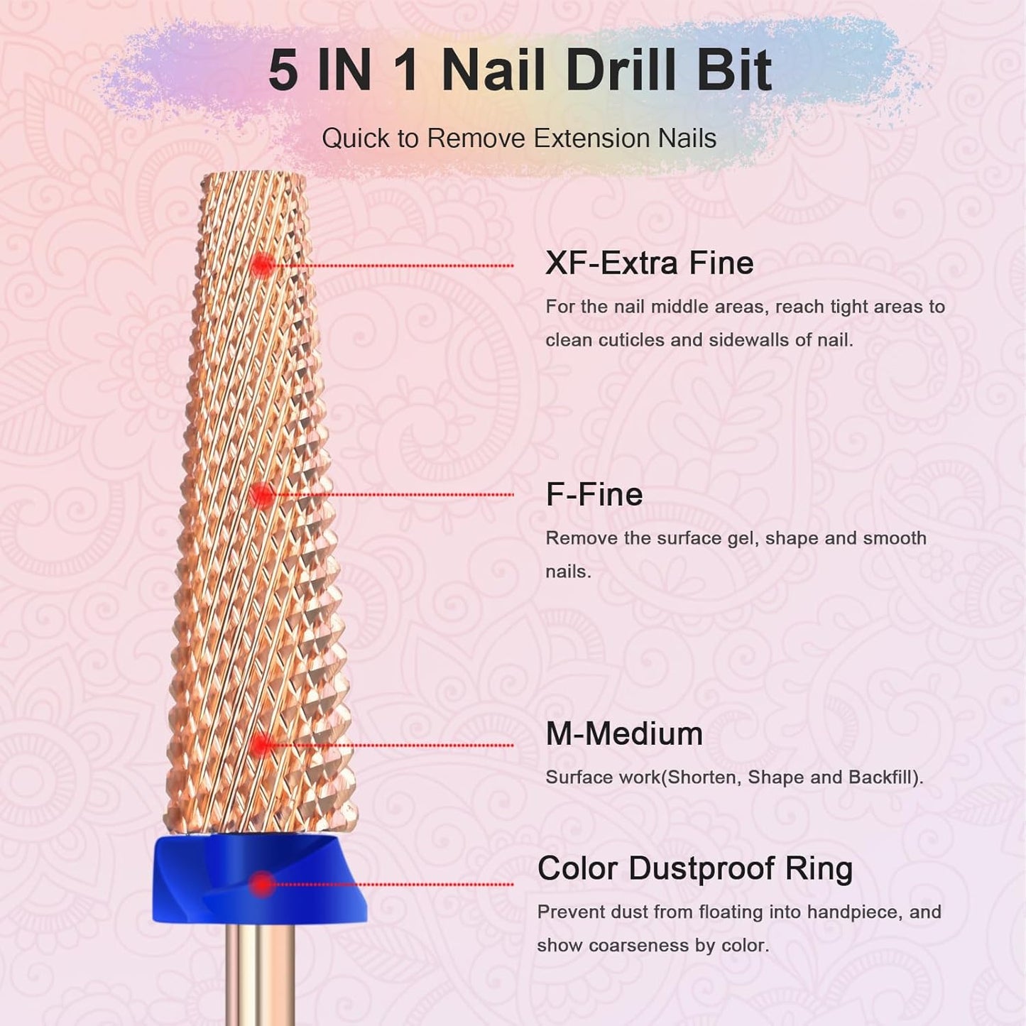 Depvko Super Long 5 in 1 Nail Drill Bits, 3/32'' Carbide Tungsten Bits, Two Way Rotate Professional Advanced Safety Bits for Nail, Fast Remove for Manicure Pedicure (Long 5in1-Rose Gold, Medium-M)