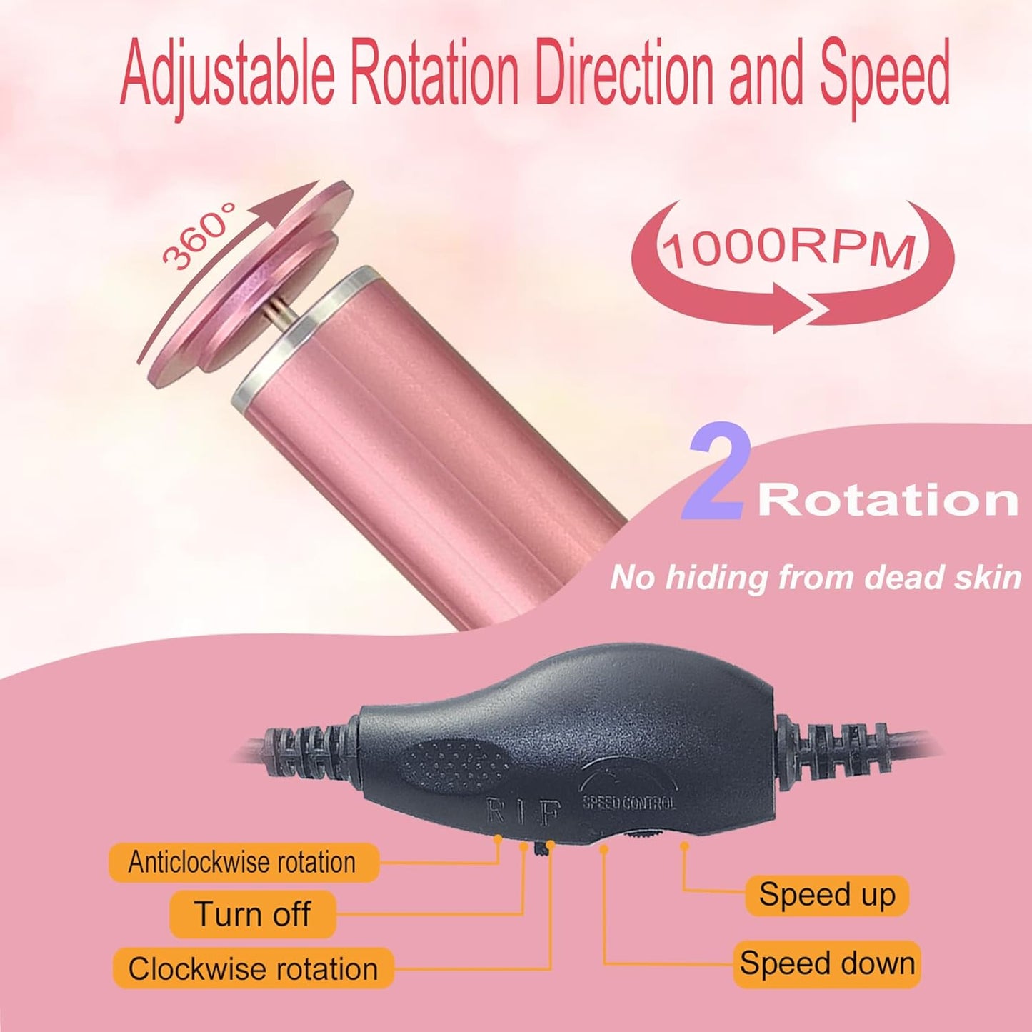 Electric Callus Remover for Feet, USB Power Supply Powerful Electric Foot File Sander Scrubber with Speed Controller & 60Pcs Replacement Sandpaper Disk for Dead Skin, Cuticles Pink