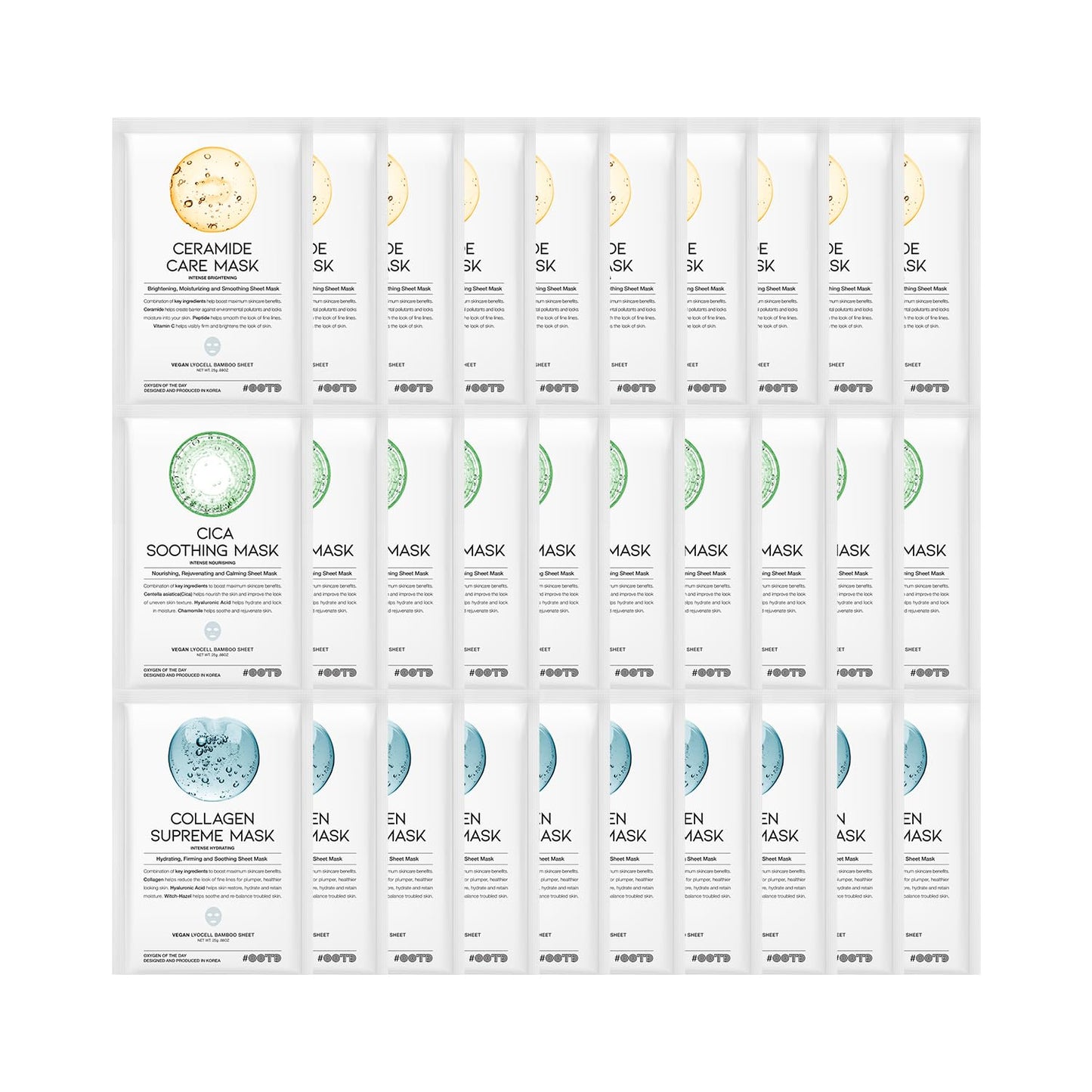 #OOTD Hydrating Soothing Sheet Masks Gift Set for Skincare, Korean Vegan Sheet Mask for Dry, Sensitive Skin, Calming, Smoothing, Brightening, Collagen, Ceramide, Cica, Hyaluronic Acid 30EA