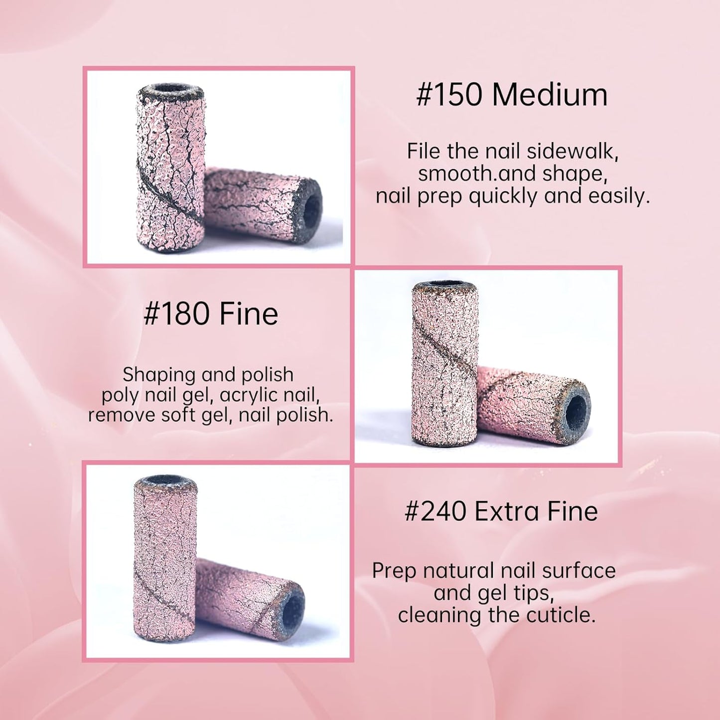 Sanding Bands for Nail Drill Nail Drill Bits Set, Corfulra Upgraded Small Sanding Bands with Mandrel Bit, 100 pcs 150 Fine Grits for Natural Nail, Nail Accessories of Nail Tech Must Haves, Pink