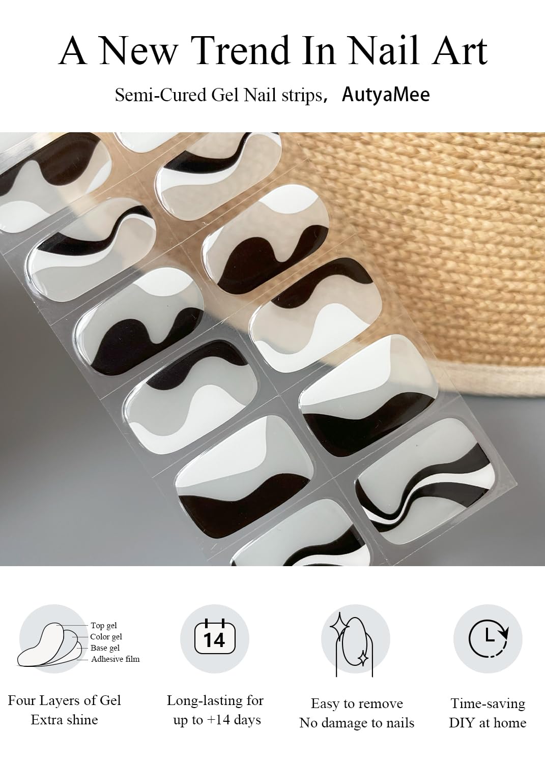 Semi Cured Gel Nail Strips (Black Line), 20 Pcs Gel Nail Wraps, Stickers, UV Light Required, Salon Quality, Long Lasting