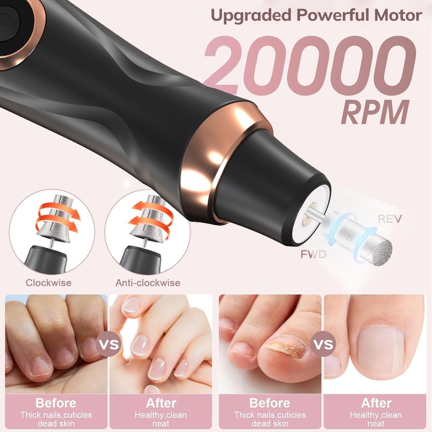 Professional Manicure Pedicure Kit Cordless Electric Nail File Set 6 Speed Cordless Nail Drill for Thick Nail Toenail Cuticle Hand Foot Care Nail Drill Tool(Black)