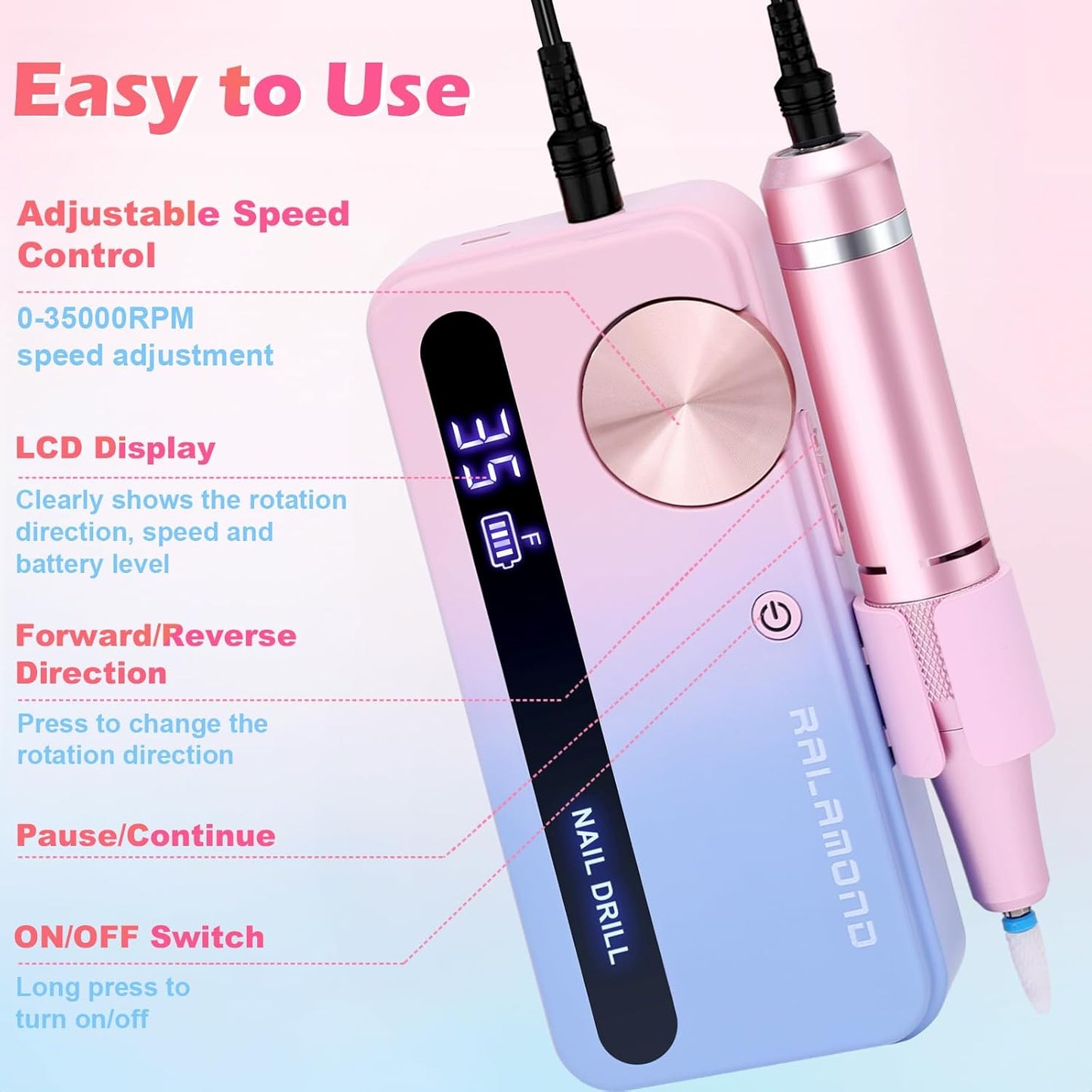 Nail Drill Professional, 35000 RPM Cordless for Acrylic Nails, Electric Nail Drill Machine with Bits, Portable Rechargeable Nail File Manicure for Salon & Home (Multicolor)