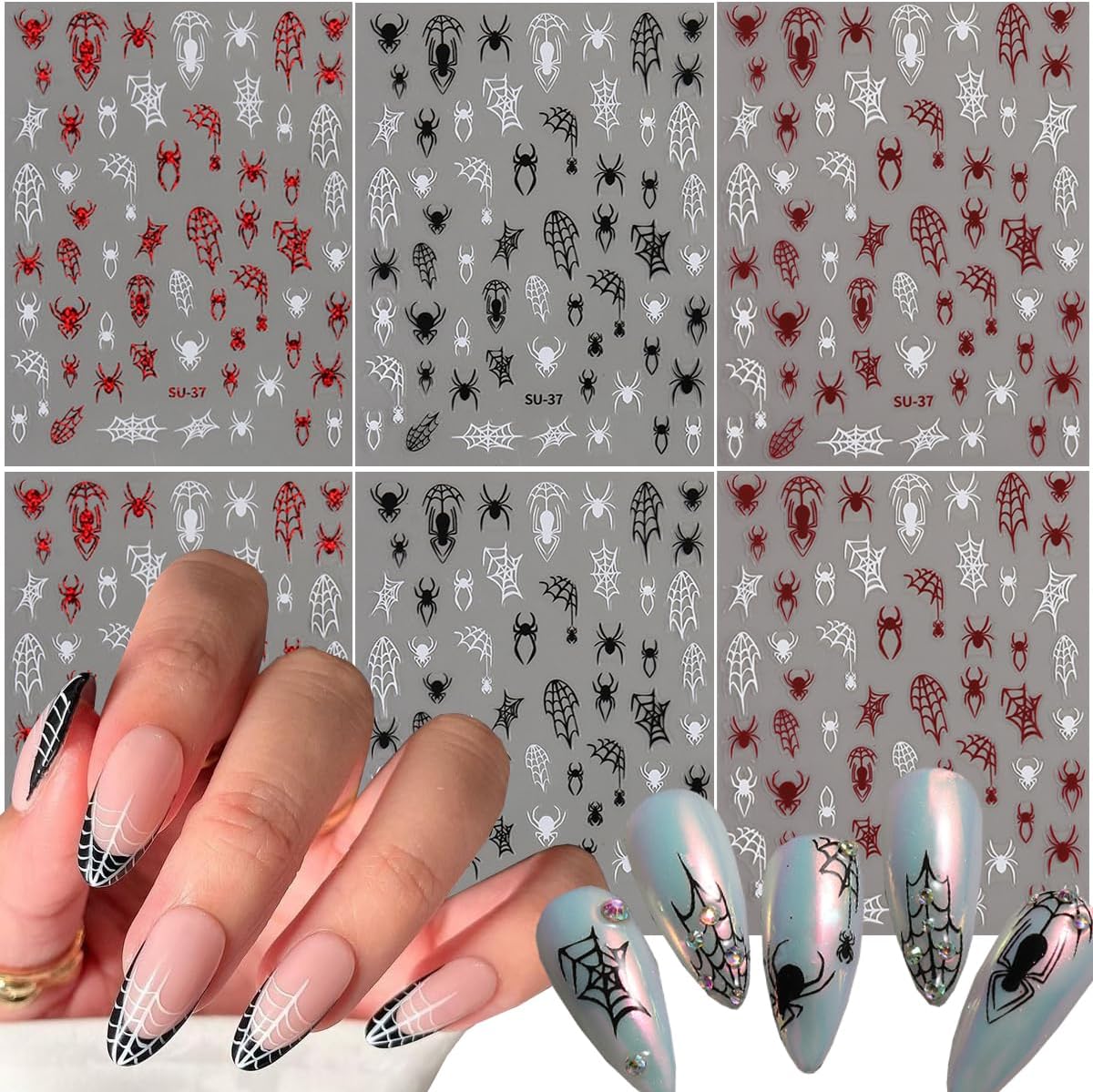 Spider Web Halloween Nail Stickers,Halloween 3D Nail Spider for Nail Art Self-Adhesive Glue Finger Nail Decals Spider Web Black Red White Design Holographic Spiders Manicure Art Supplies Decoration 6