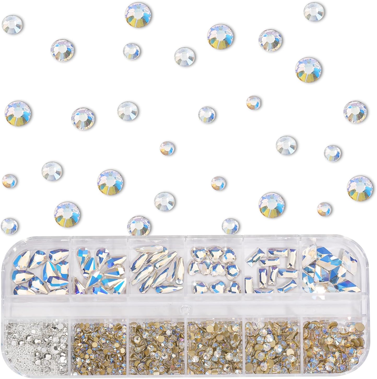 Multi Shapes Blue Moon 3D Glass Crystal Nail Rhinestones Kit Mix 0.8mm Silver Nail Round Beads Charm Flatback Gems 5 Grids Flatback Rhinestones Stone Diamond for Manicure Makeup DIY Decoration