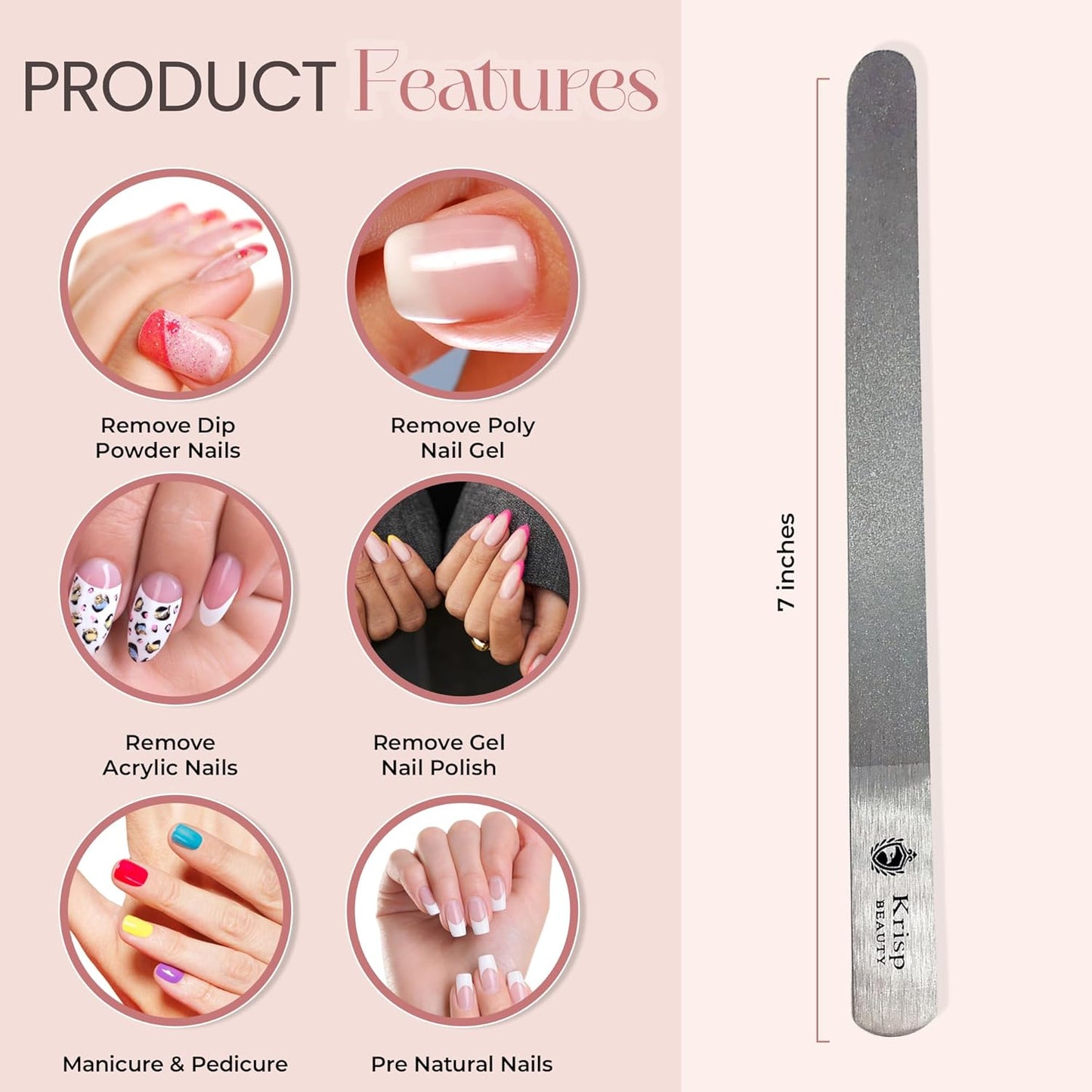Stainless Steel Diamond Deb Nail File Manicure Pedicure Metal 7" inch, Toenail Fingernail Files for Women Double Sided Dust Coating Suitable for Natural or Acrylic Nails (Pack of 2) by Krisp Beauty