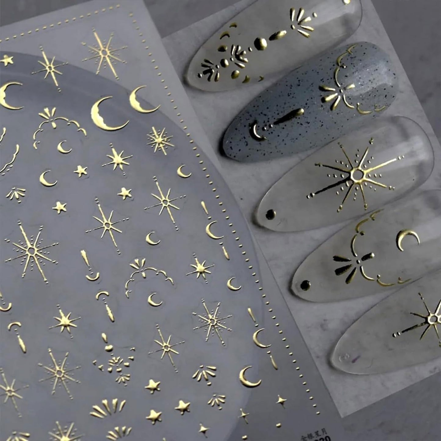 2 Sheets 3D Nail Stickers Star Moon Nail Art Decals Gold Silvery Nails Supplies Self-Adhesive Manicure Supplies for Women