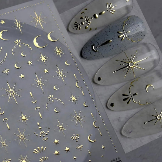 2 Sheets 3D Nail Stickers Star Moon Nail Art Decals Gold Silvery Nails Supplies Self-Adhesive Manicure Supplies for Women
