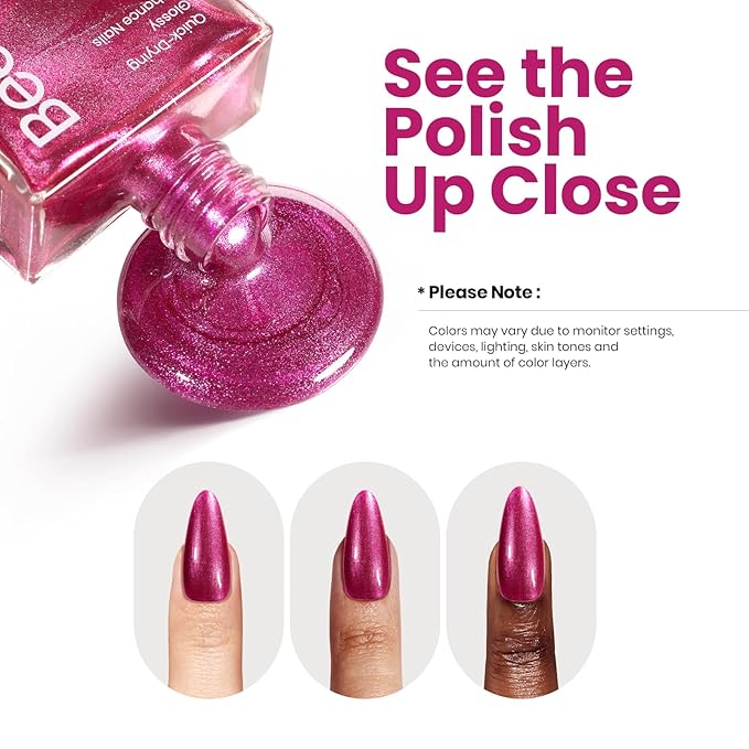 Beetles Hot Pink Nail Polish 15ml, Fast Drying & Long Lasting Glitter Nail Polish Pink Nail Lacquer Glossy for DIY Nail Salon-Quality Results