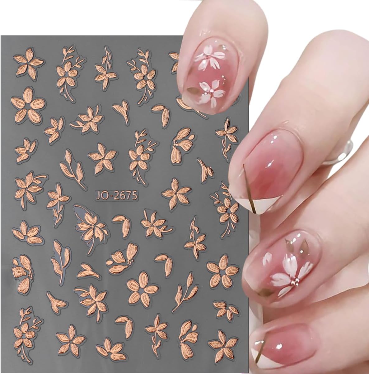 6Sheets Flower Nail Art Stickers 3D Bronzing Floral Leaf Nail Decals Self Adhesive Metallic Rose Gold Silver Flowers Design Nail Supplies Spring Nail Stickers Decoration for Acrylic Nails DIY