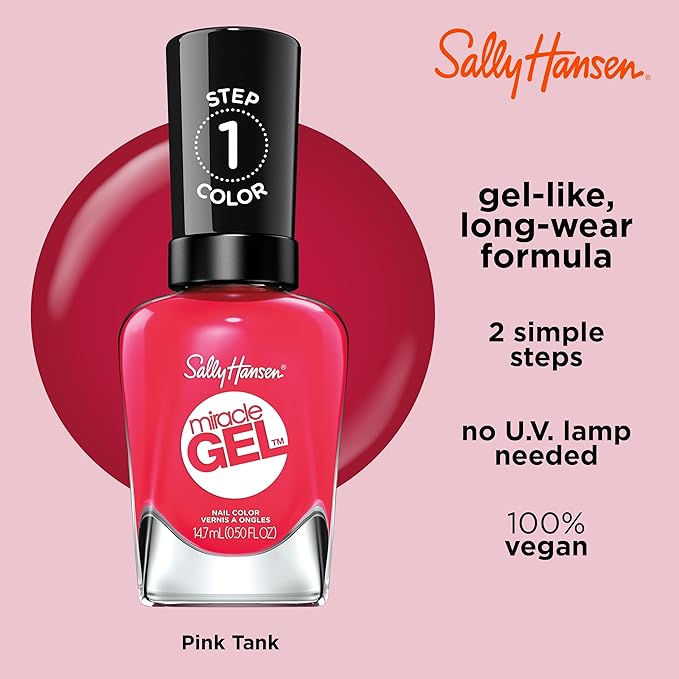 Sally Hansen Miracle Gel Salon Quality Nail Polish | Gel-Like Formula, Two-Step System, No UV Light Needed, Long Lasting | Opaque, Glossy | 329 Pink Tank | Reddish Pink Nail Color