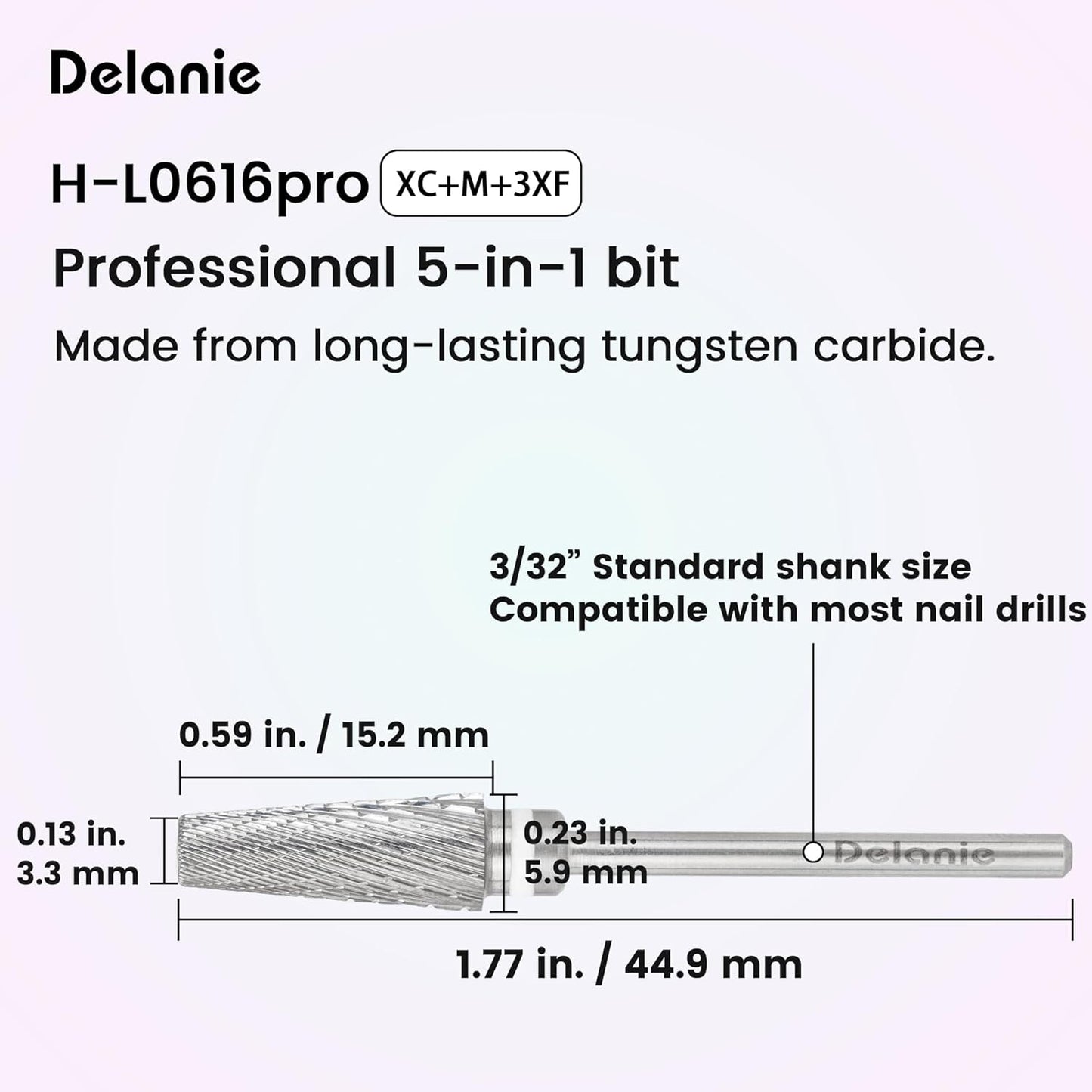 Delanie Professional 5-in-1 Carbide Nail Drill Bit for Professional Nail Tech, 3/32", XC+M+3XF