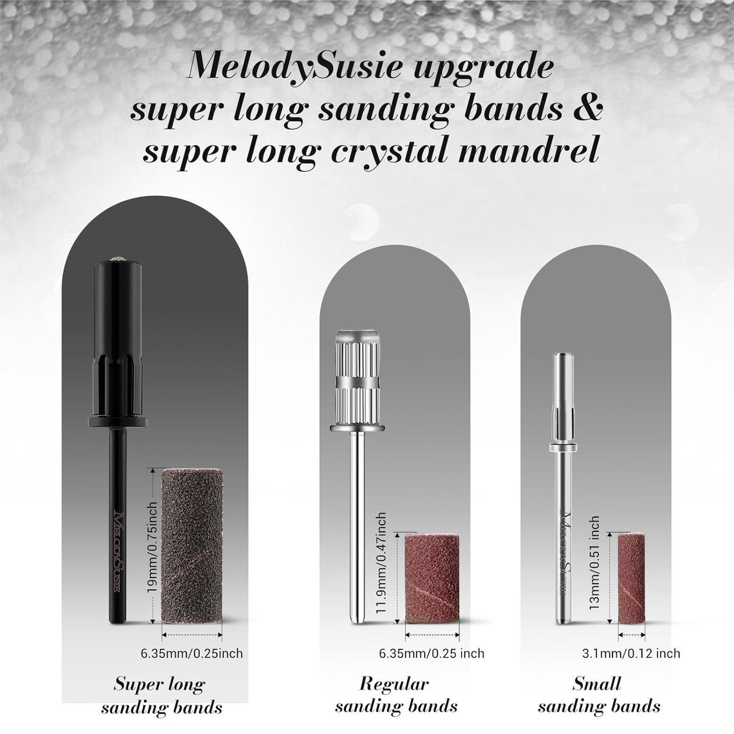 MelodySusie 50 Pcs Nail Drill Bits Super Long Sanding Bands with 6.65mm Crystal Mandrel Bit, 120 Medium Grit Nail File for Acrylic Nails Gel Manicures and Pedicure, Black