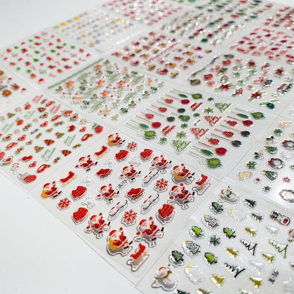 30PCS Christmas Nail Art Stickers Snowflakes Claus Reindeer 3D Self-Adhesive Xmas Nail Decals Nail Art Supplies Xmas Tree Wreath Gingerbread Man Design Christmas Stickers for Holiday Nail Decorations