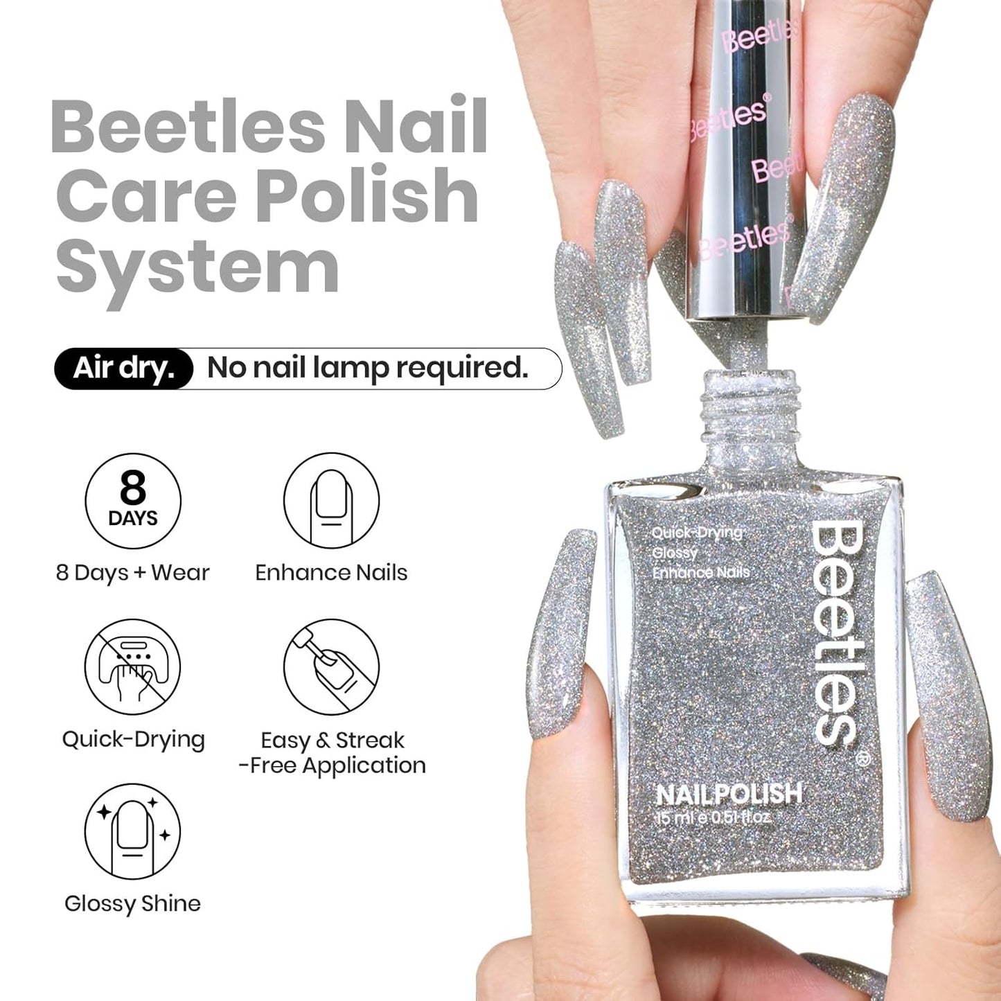 Beetles Glitter Nail Polish, 1Pcs 15ml Quick Dry Holographic Nail Polish, shimmering silver Nail Lacquer Art Effect for Nail Salon DIY at Home, Nail Art Design for Women