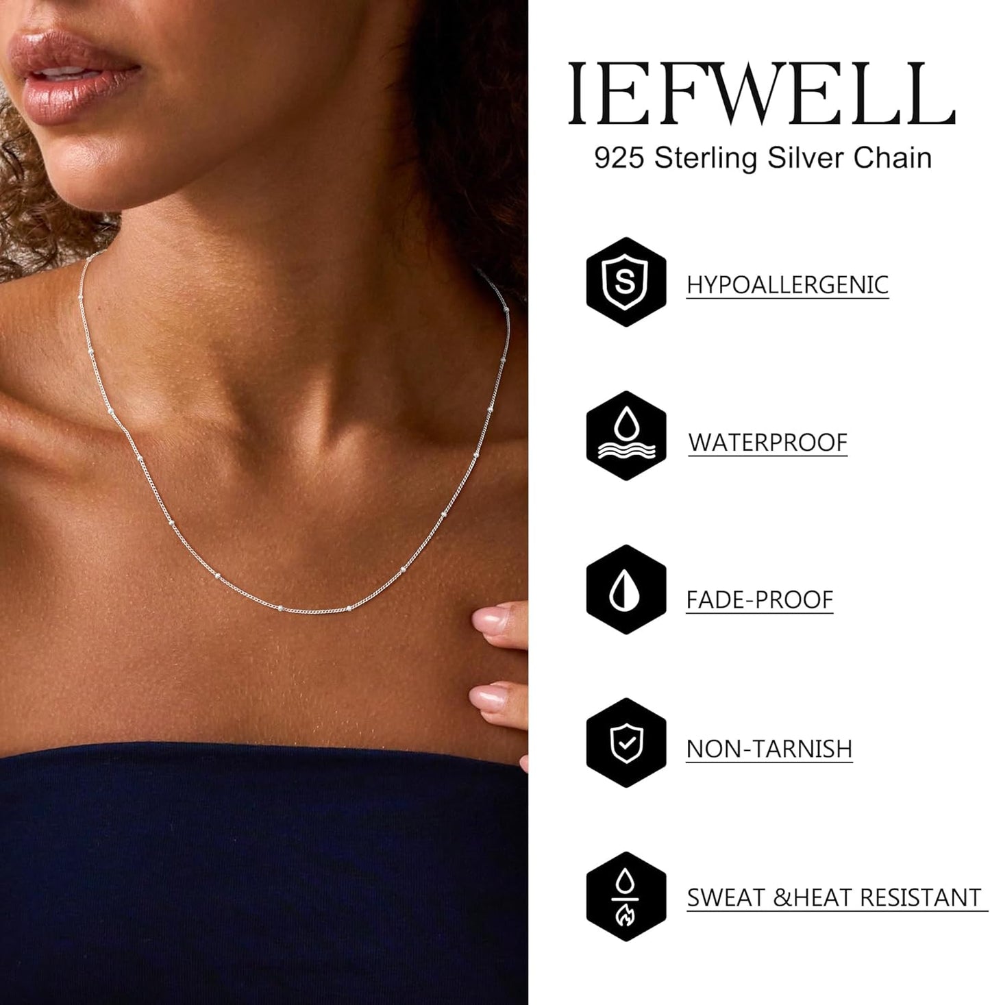 IIEFWELL S925 Sterling Silver Chain Necklace for Women - 1.2/0.8mm Satellite Bead Cable Box Chains Necklace Set, Hypoallergenic Sturdy Women's Chain Necklaces, 16/18/20/22 Inches Jewelry Gifts
