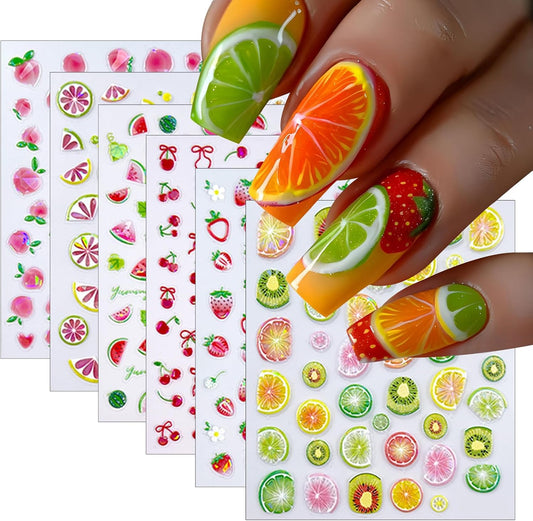 6 Sheets Summer Fruit Nail Art Stickers Decals 5D Jelly Embossed Fruit Shell Light Nail Stickers Lemon Kiwifruit Exquisite Design Summer Nails Decals Manicure Supply for Women DIY Nail Decorations