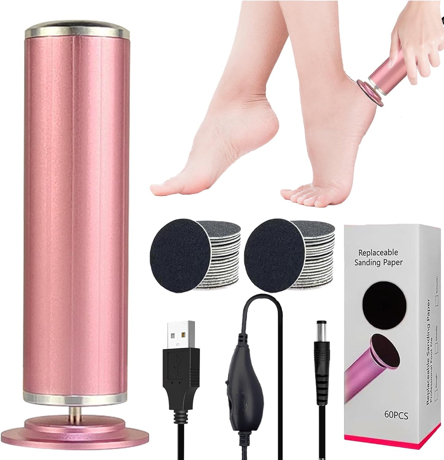 Electric Callus Remover for Feet, USB Power Supply Powerful Electric Foot File Sander Scrubber with Speed Controller & 60Pcs Replacement Sandpaper Disk for Dead Skin, Cuticles Pink