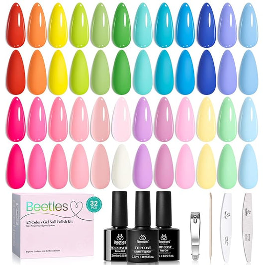 Beetles 25 Colors Gel Nail Polish Set, 32PCS Yellow Orange Gel Polish Rustic Sonata with Base Coat Glossy & Matte Top Coat White Blue Pink DIY Salon Soak Off UV Led Nails Gifts for Women