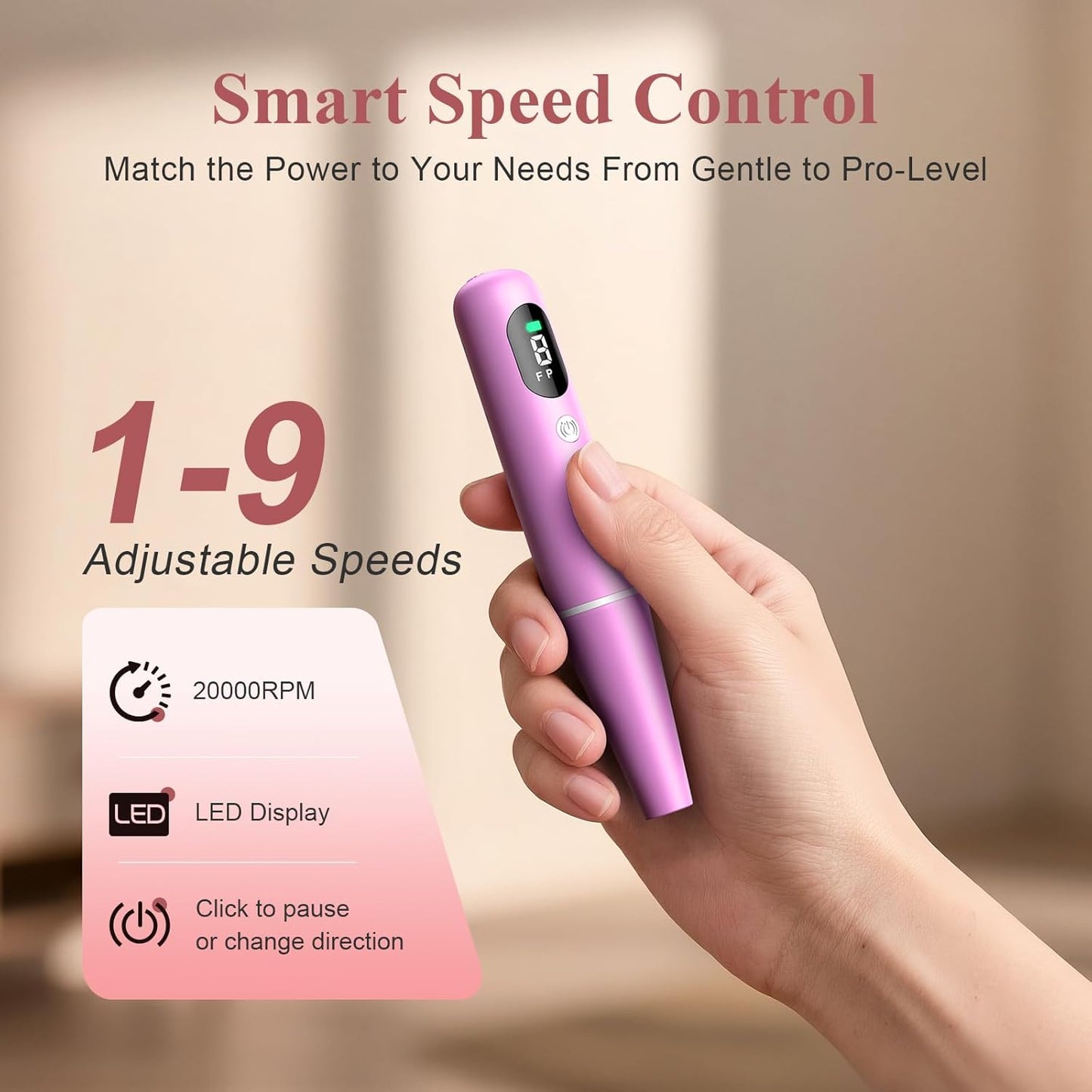 Cordless Nail Drill Kit - 9 Speed Wireless Electric Nail File with LED Display, Portable Nail Drill Machine for Acrylic Gel Nails, Rechargeable 20000RPM Hand Feet Grind Trim Tool for Women Men Baby