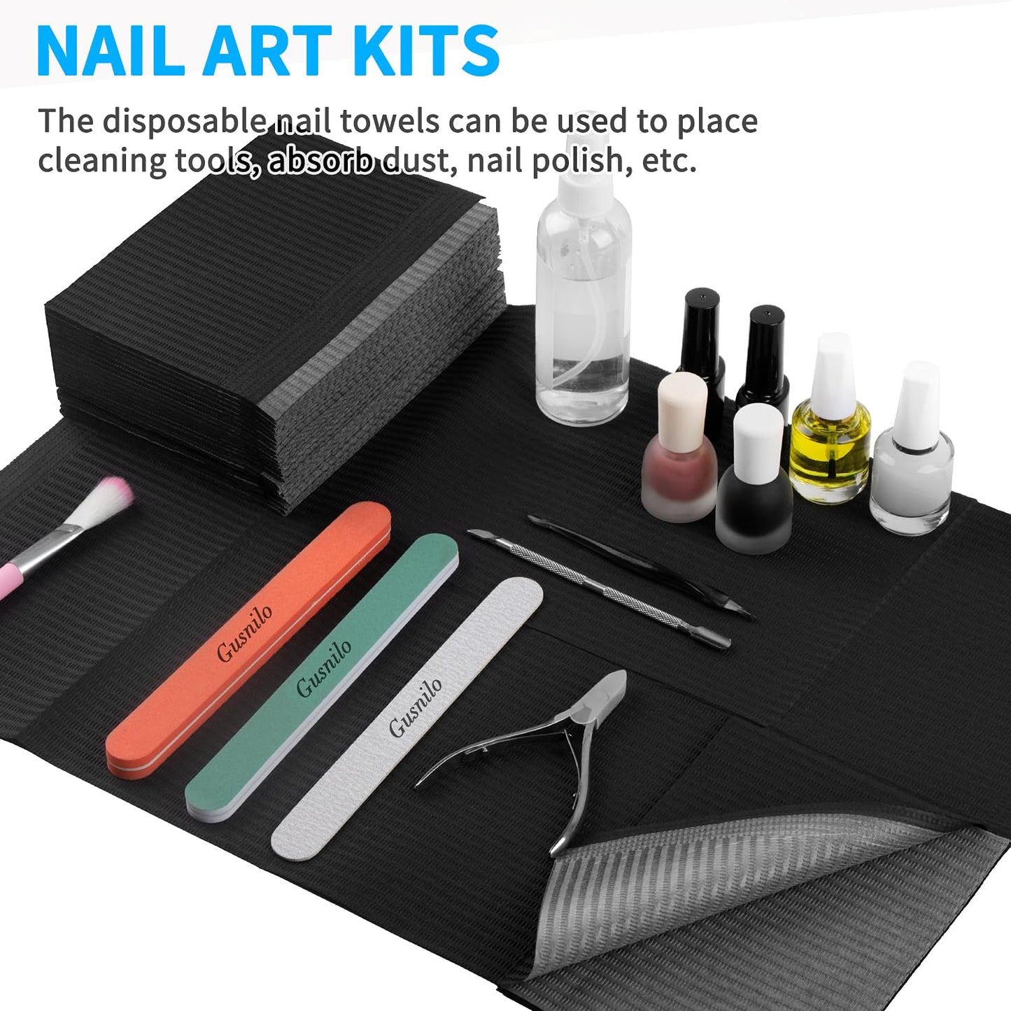 Gusnilo Nail Art Table Mat - Disposable Nail Paper Towels (240PCS) - Black Waterproof 3-Ply Nail Art Paper 13" X 18" Pads for Nail Table Decoration Kit, Nail Art Accessories