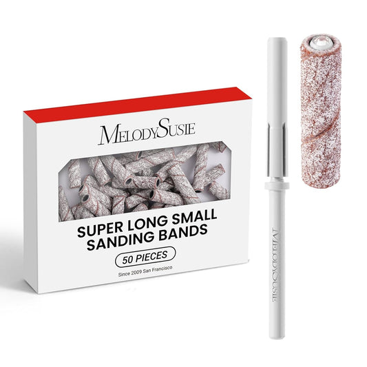 MelodySusie 50 Pcs Nail Drill Bits Super Long Small Sanding Bands with 3.1mm Crystal Mandrel Bit, 120 Medium Grit Nail File for Acrylic Nails Gel Manicures and Pedicure, Zebra