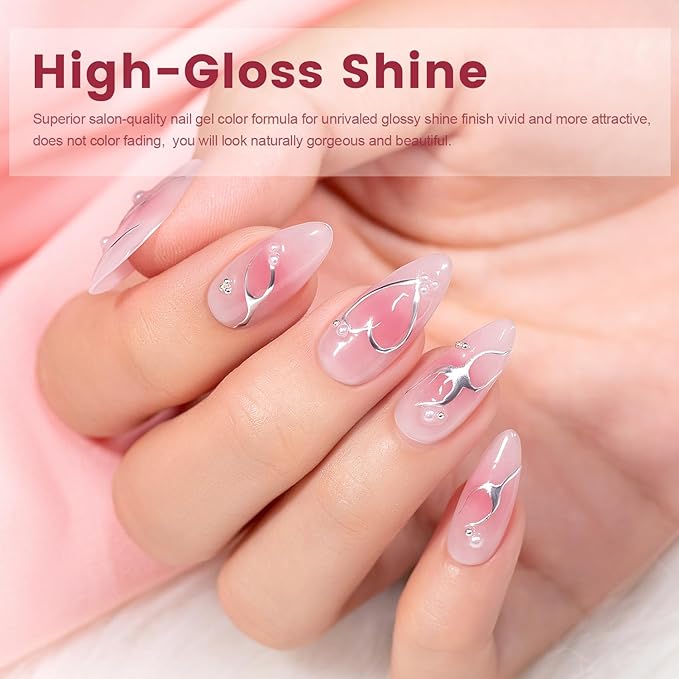 RARJSM Nude Gel Nail Polish Set 6 Colors with Metallic Silver Chrome Gel Liner Sheer Jelly Gray Pale Rose Apricot Pink GelPolish Transparent French Manicure Neutral GelVarnish LED UV Curing Requires