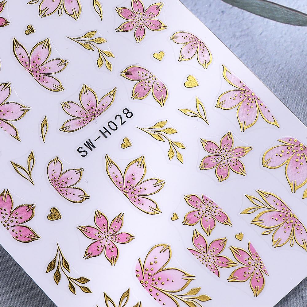 Flower Nail Art Stickers Decals 3D Pink Flower Nail Stickers Self-Adhesive Summer Nail Art Decorations Supplies 6PCS Bronzing Gold Edge Pink Purple Floral Petal Nail Decals Manicure Sliders for Women