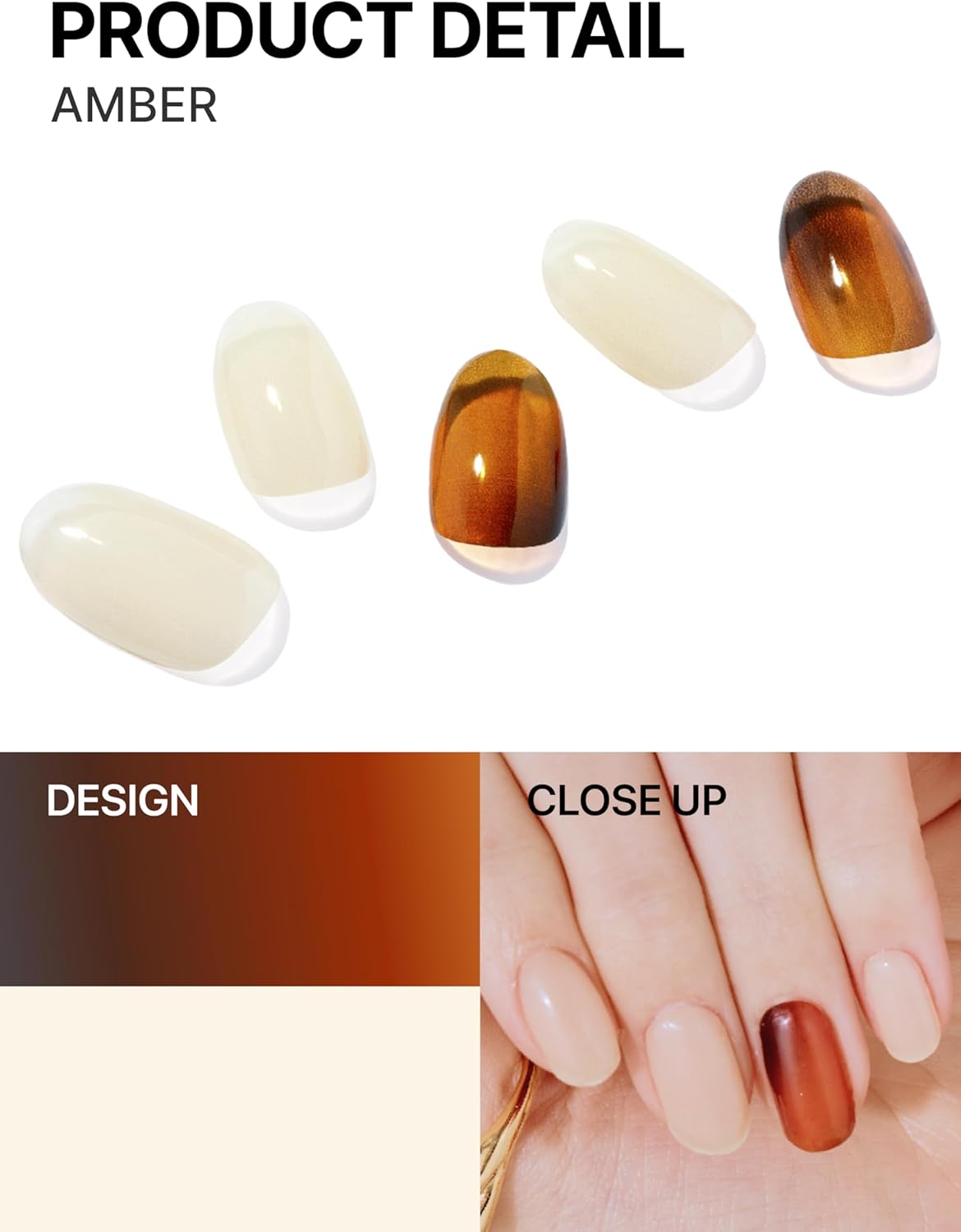 UUUUUU Semi Cured Gel Nail Strips | Salon-Quality | UV Free Gel Nail Wraps for Women | Easy Peel&Stick | Long-Lasting up to 14 Days | 28 Strips Set+File & Wipes | Gift-Ready (Amber)