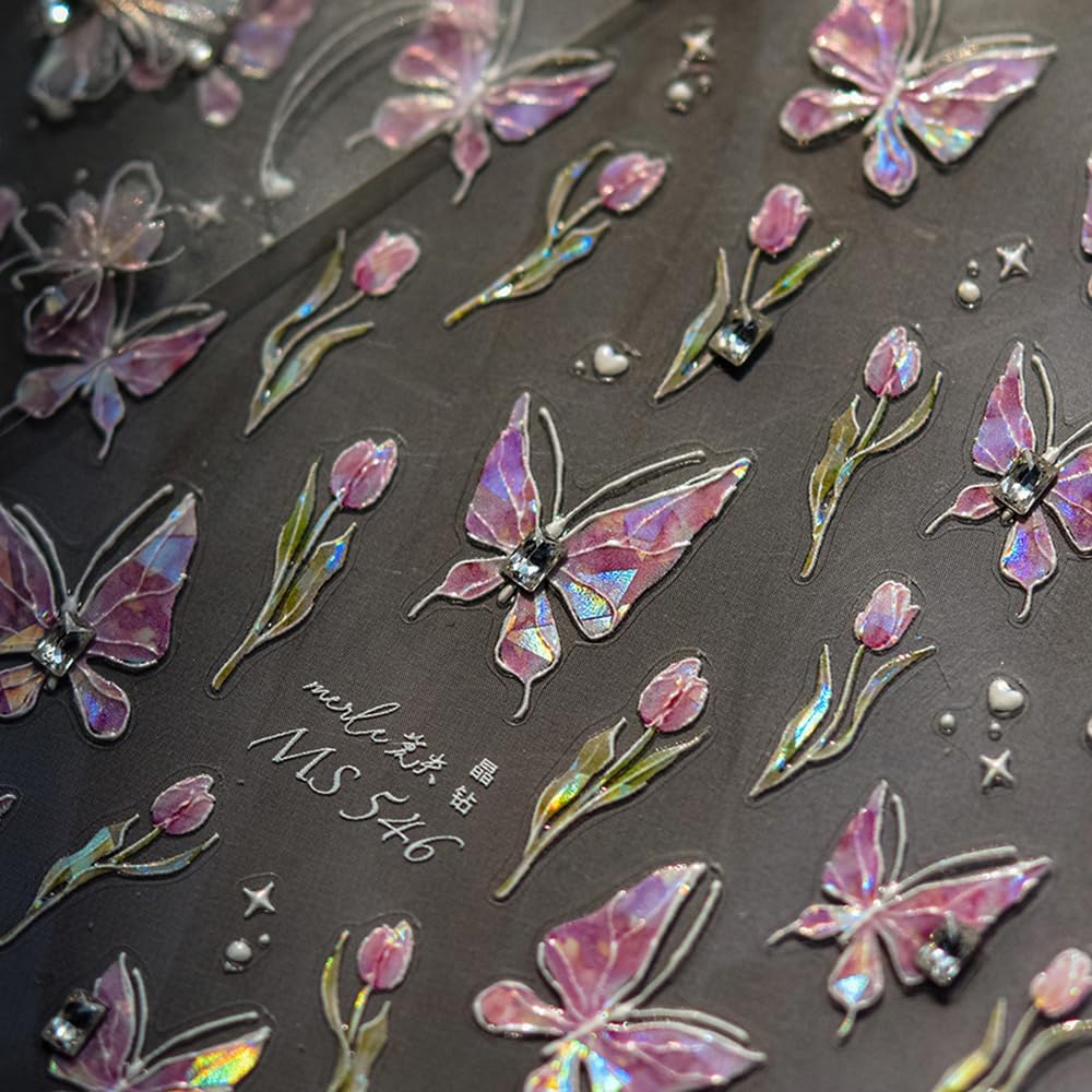 Butterfly Nail Art Stickers Decals Pink Butterfly 5D Embossed Nail Decals Tulip Butterfly Nail Charms Designs Adhesive Sticker Manicure Accessories for Women Girls DIY Nail Art Decorations Supplies