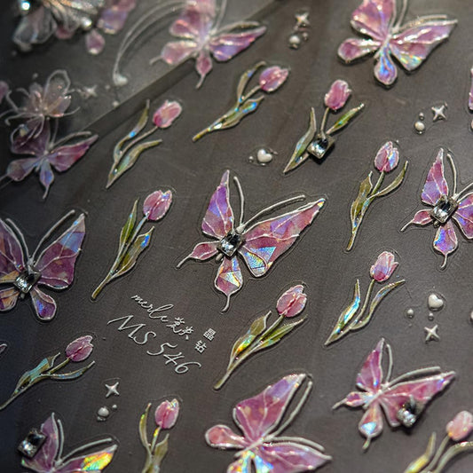 Butterfly Nail Art Stickers Decals Pink Butterfly 5D Embossed Nail Decals Tulip Butterfly Nail Charms Designs Adhesive Sticker Manicure Accessories for Women Girls DIY Nail Art Decorations Supplies