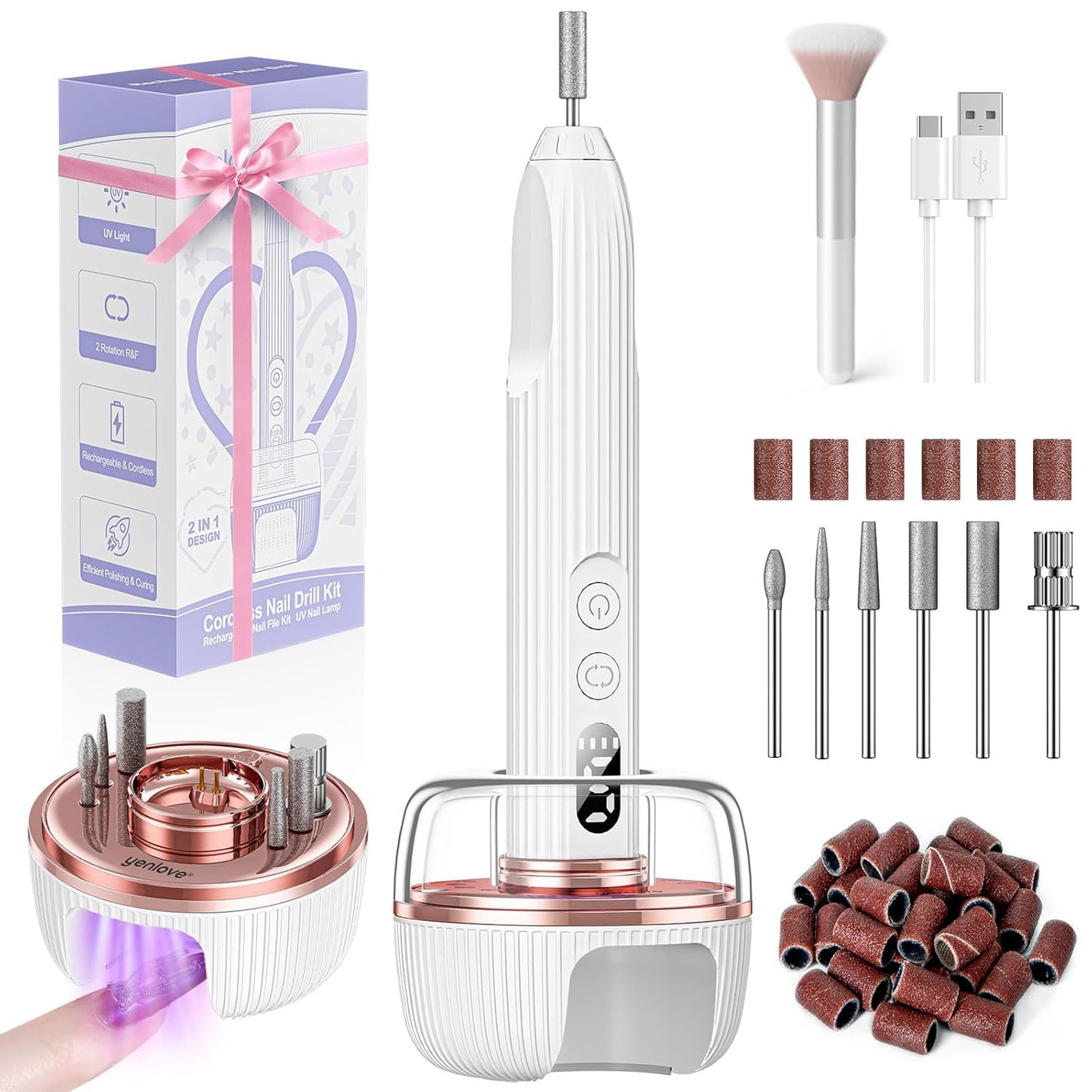 Electric Nail File,Nail Drill Kit with Nail Lamp,Cordless Nail Filer for Acrylic Gel Nails,Professional Nail Drill Machine Polishing Tool Manicure Pedicure Kit Efile Nail Supplies for Home Salon