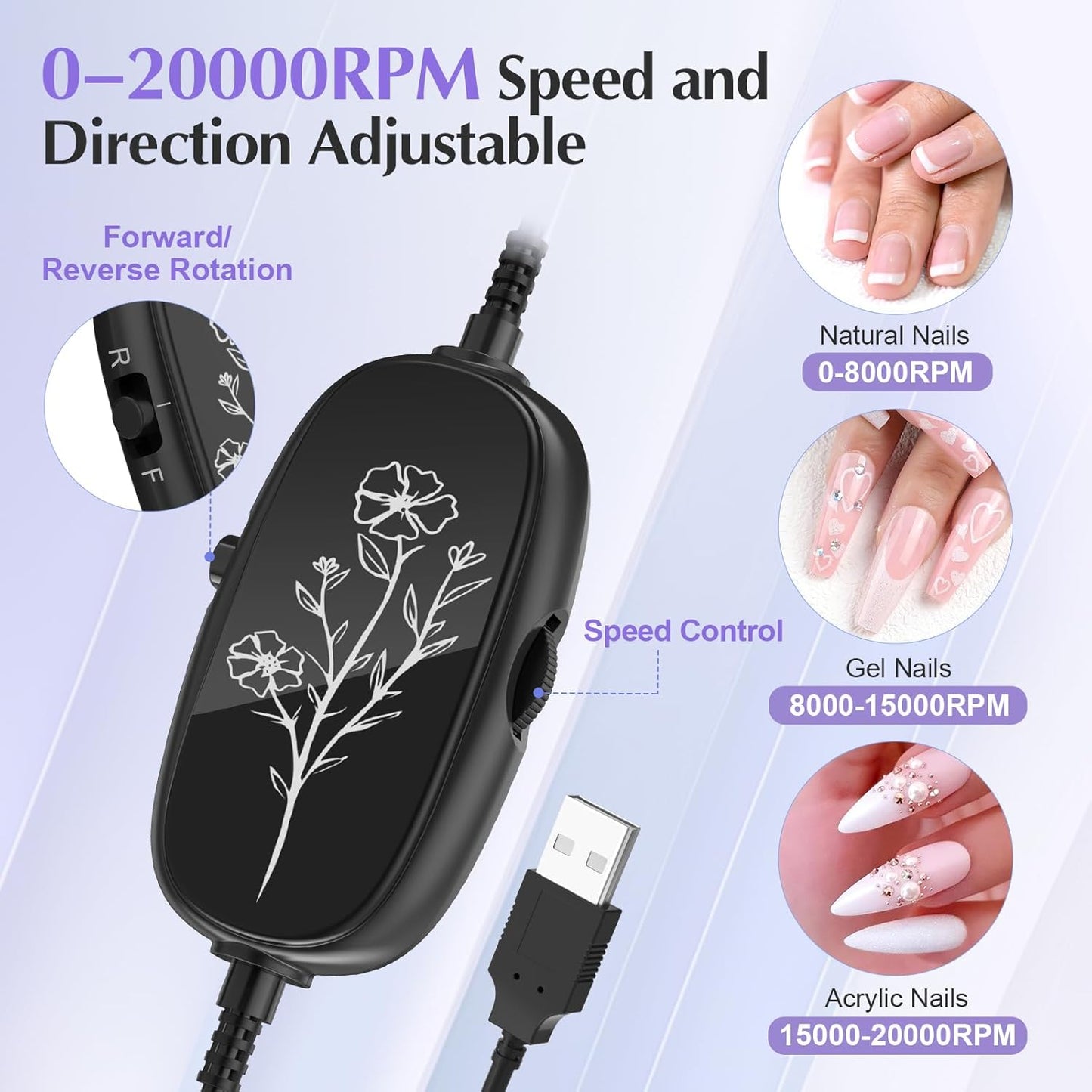 JIASHENG USB Electric Nail Drill, Portable Electric Nail File for Acrylic Gel Nails, Professional Drill Nail Kit Manicure and Pedicure Kit with Drill Bits for Home and Salon Use, Lilac