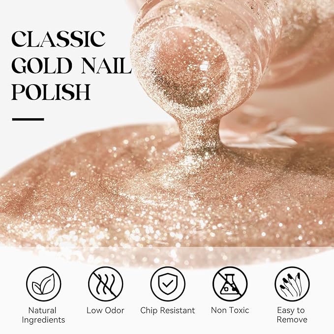 MIZHSE Quick Dry Glitter Nail Polish, Metallic Gold Nail Polish Air Dry Fast, 15 ml High Glossy Sparkle Shiny Shimmery Chrome Nail Pigment Water-based Nail Art Salon Manicure Home