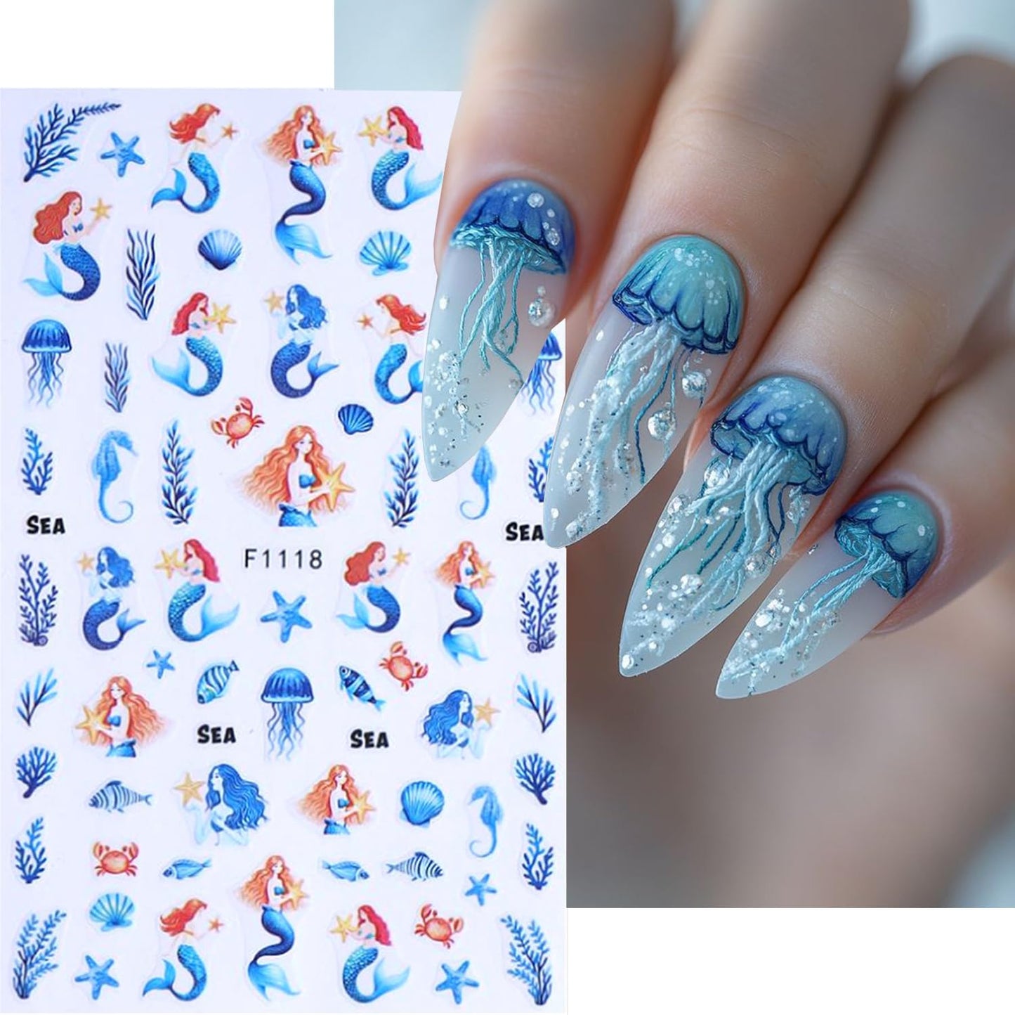 Marine Life Nail Art Stickers -3D Cute Mermaid Nail Decals Self Adhesive Small Whale Nail Stickers with Little Fish Jellyfish Designs Nail Decal Summer Nail Supplies for Women DIY Manicure Decoration