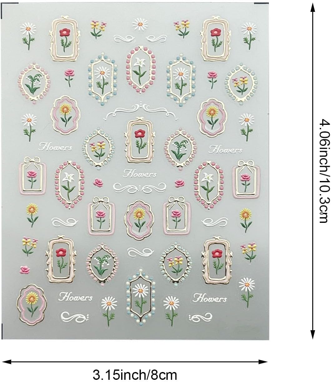 Tulip 5D Embossed Nail Art Stickers, Self-Adhesive Floral Design Decals with Golden Frames, Spring Summer Manicure Decorations for Women, 2 Pieces