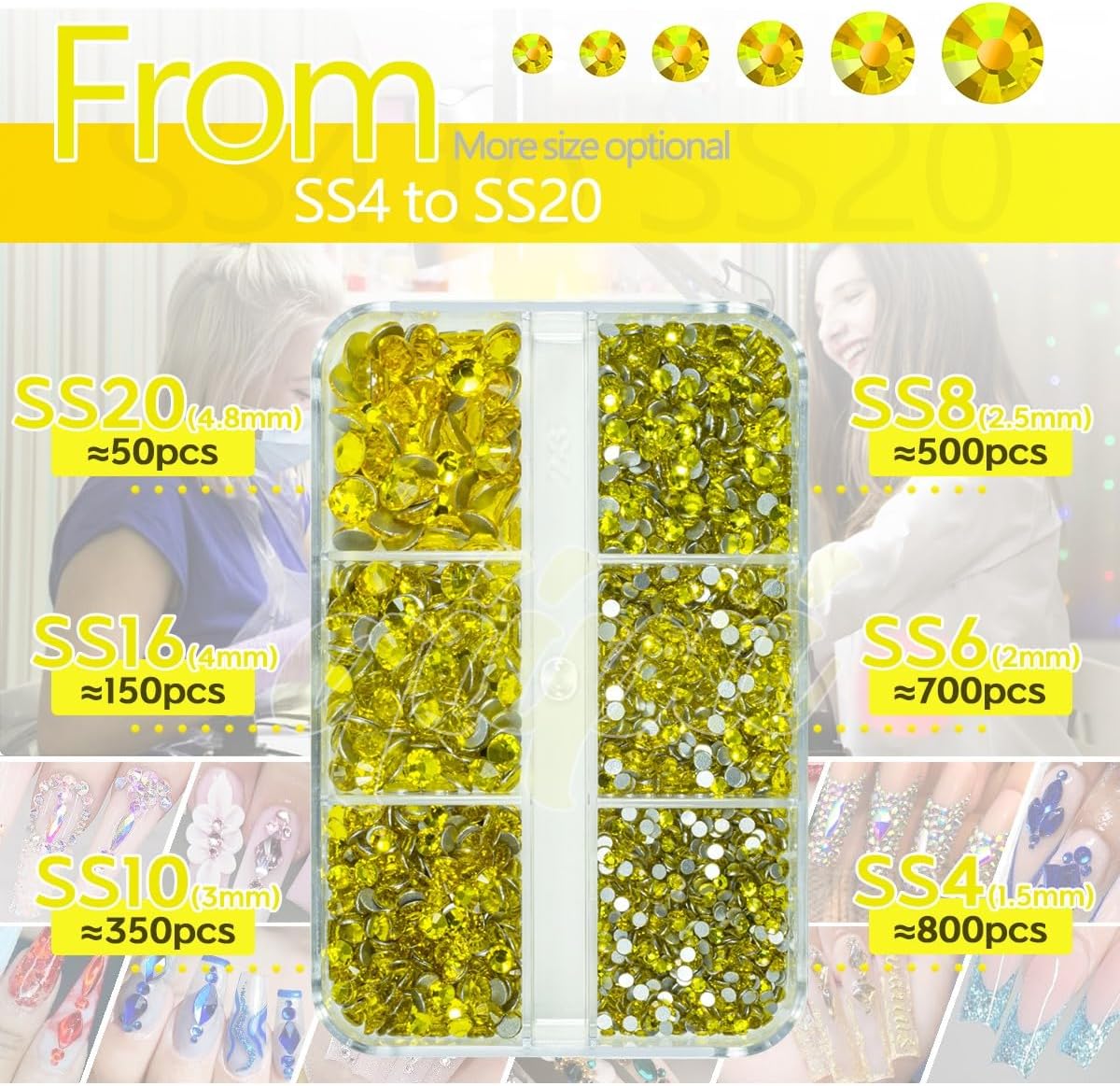 2550pcs Golden Yellow Nail Art Flatback Rhinestones for Face Makeup - Citrine Yellow Nail Gems & Gemstones K9 Glass SS4SS20 6 Sizes Bling Diamonds Stones w Tweezer & Pick Pen for DIY Crafts