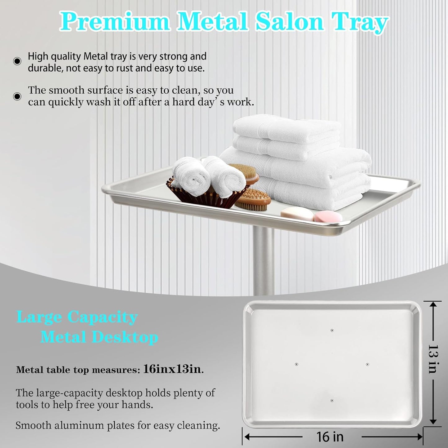 Salon Tray, Silver Salon Tray, Tattoo Tray on Wheels, Metal Salon Rolling Tray, Salon Services Tray Height-Adjustable, (Silver)