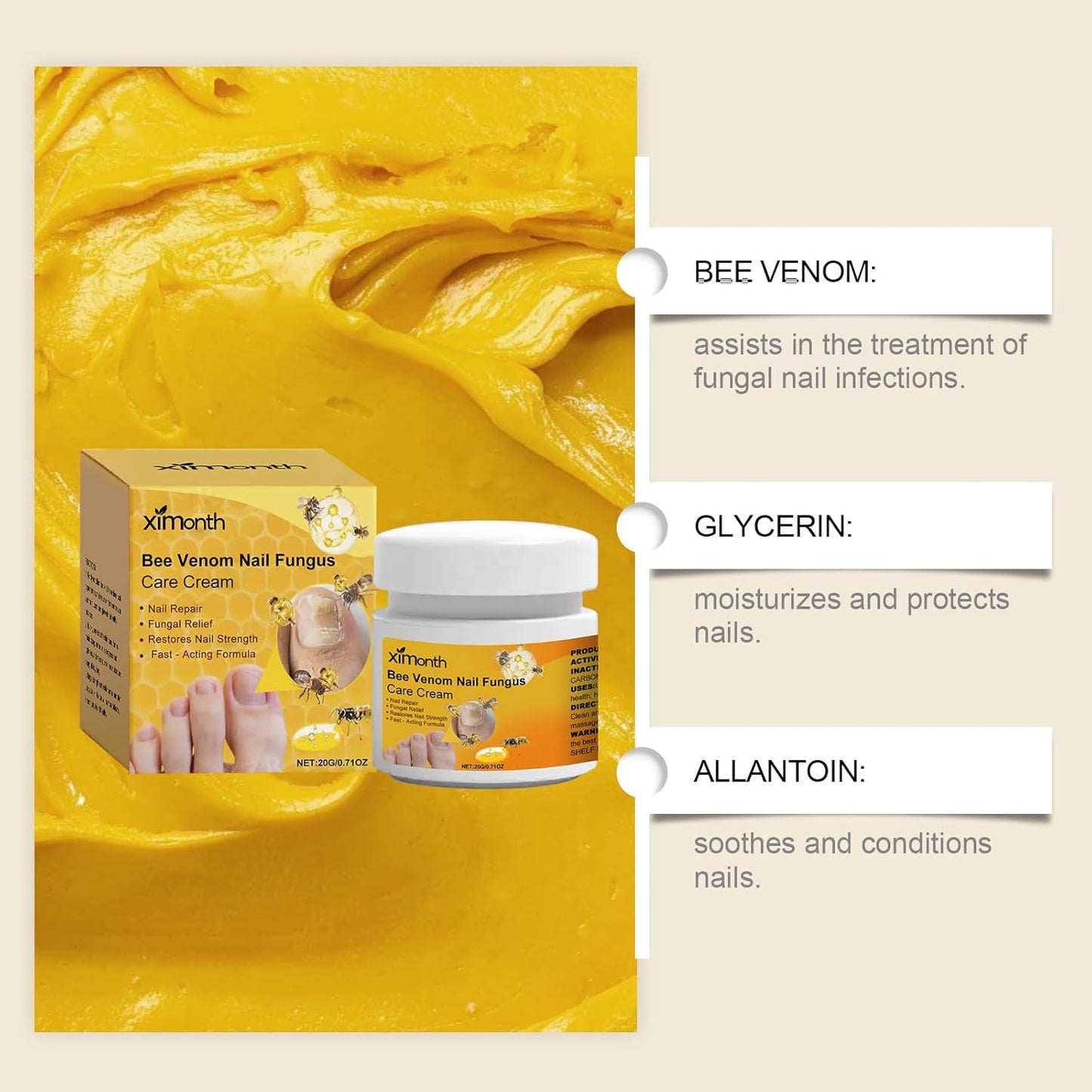 Bee Venom Nail Care Cream with Keratin & Hyaluronic Acid - Intensive Nail Care for Damaged & Brittle Nails, Cuticle Moisturizer for Men and Women, 0.71 Oz