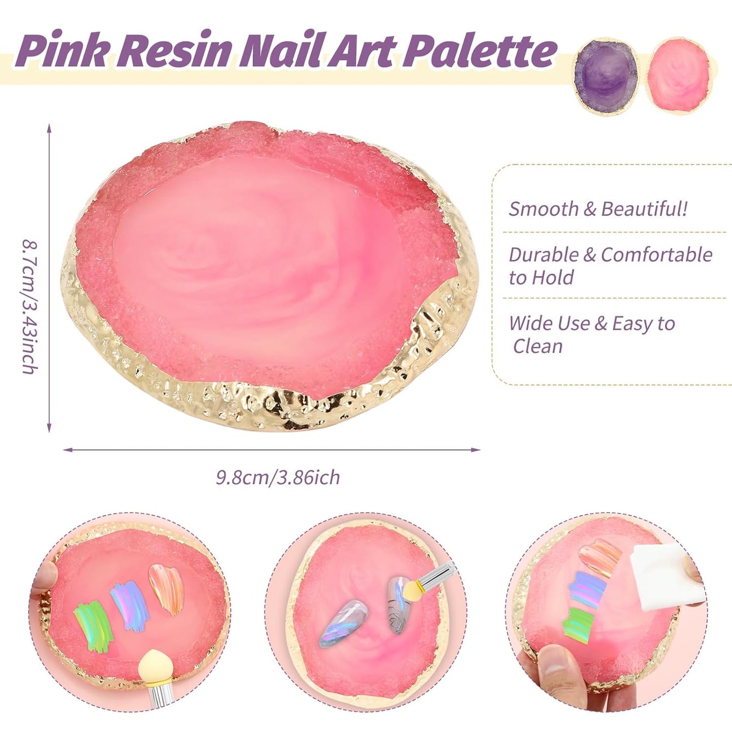 2 Pcs Resin Nail Art Palette with UV Gel Gradient Sponges Pens and Spatula, Gold Edge Gel Nail Polish Mixing Palettes, Makeup Color Pallet, Portable Nail Design Kit for Manicure DIY Tools(Pink&Purple)