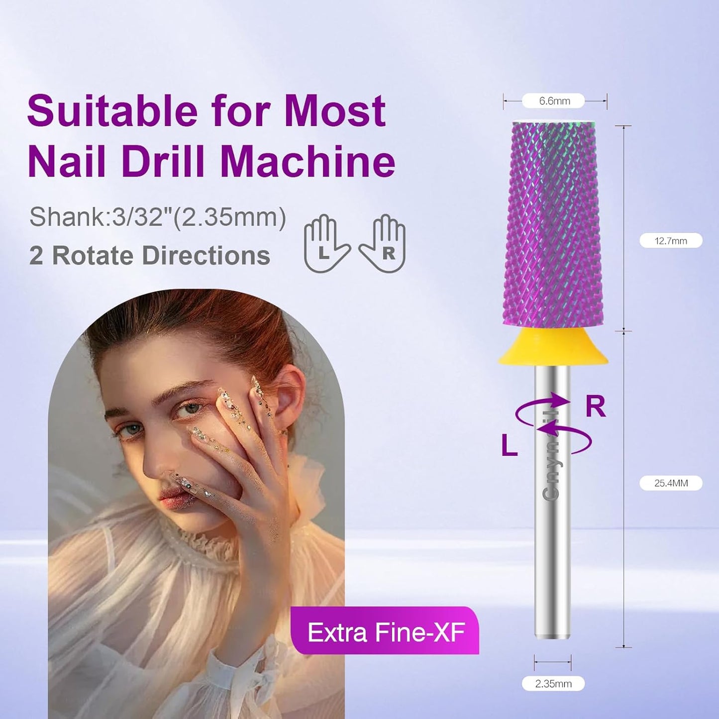 Cnynail 3/32" Large Tapered Barrel Flat Bit Tungsten Carbide Nail Drill Bit Safety Bit for Gel & Acrylic Removal, 2- Way Rotating Efile Tip, Salon Electric File Accessory (XF Girt, Purple)